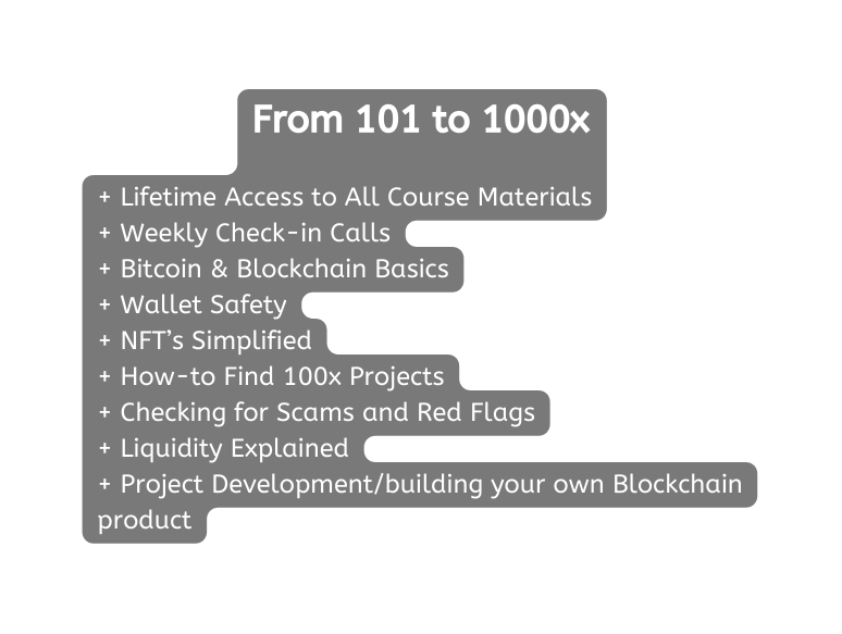 From 101 to 1000x Lifetime Access to All Course Materials Weekly Check in Calls Bitcoin Blockchain Basics Wallet Safety NFT s Simplified How to Find 100x Projects Checking for Scams and Red Flags Liquidity Explained Project Development building your own Blockchain product