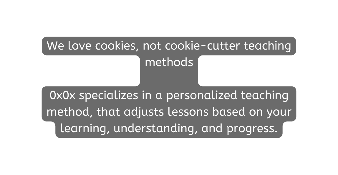 We love cookies not cookie cutter teaching methods 0x0x specializes in a personalized teaching method that adjusts lessons based on your learning understanding and progress